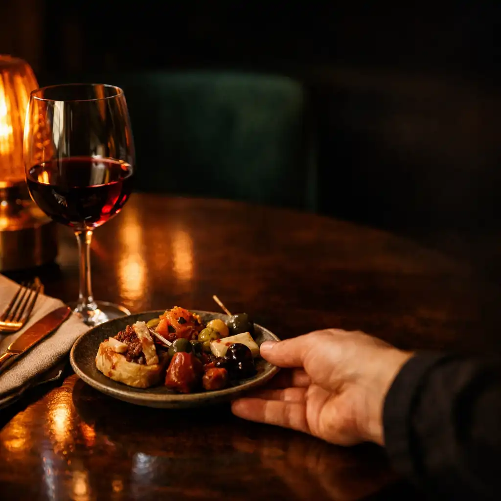 Kézműves tapas tányér és pohár bor egy meleg fényű Falatkert-asztalon