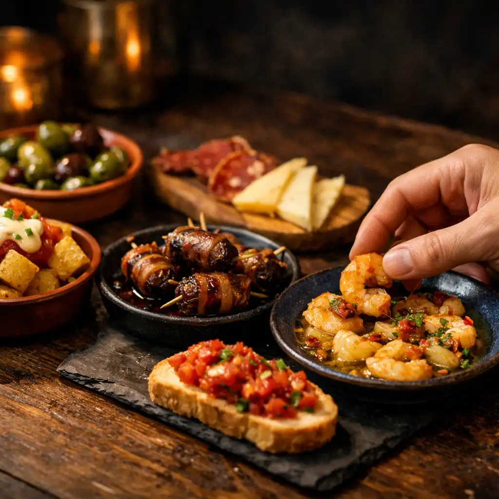 Megosztásra szánt kézműves tapas tányérok egy sötét asztalon