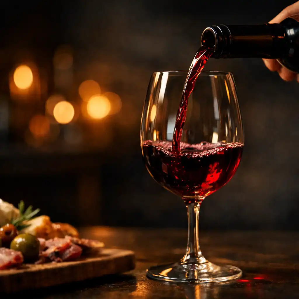 Bor töltése pohárba meleg, sötét gastro bar környezetben